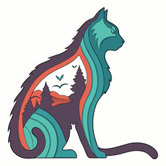 Layered paper cut cat with mountain landscape art. © mil