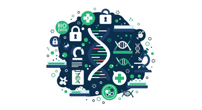 Biotechnology and DNA Research Concept Illustration with Bio-data Security Icons, Medical Symbols, and Genetic Science Elements on White Background