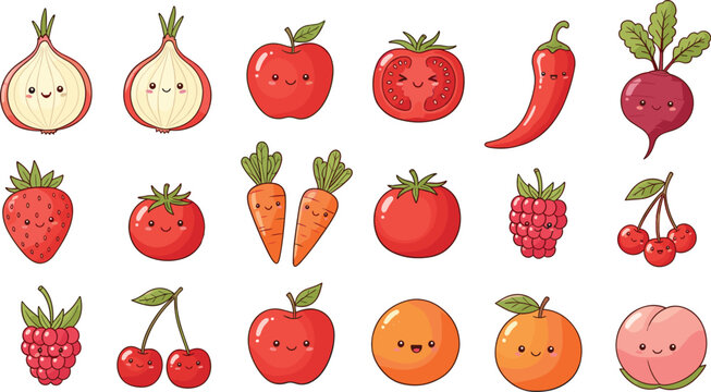 Cute red and orange fruit and vegetable character mascot set featuring apple tomato strawberry carrot pepper onion and berries isolated on transparent background