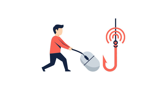 Phishing and Cyber Security Concept Illustration: Man Pushing a Computer Mouse Towards a Fishing Hook Representing Online Fraud and Data Theft