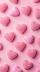Fototapeta premium Sweet pink sugar-coated heart candies scattered on pastel pink background, creating a romantic and whimsical Valentine's Day themed pattern for festive designs.