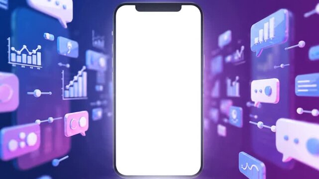 Smartphone with blank white screen surrounded by floating 3d interface icons showing business data analytics and digital network communication