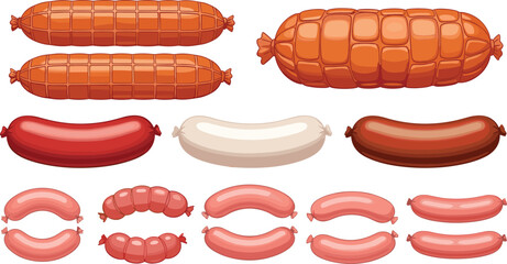 Deli meat products collection with net wrapped bologna chubs frankfurter hot dogs and cocktail sausage links flat vector illustration isolated on transparent background for butcher shop menu © HazelQueen