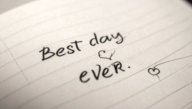 Handwritten Best day ever on lined paper with hearts.