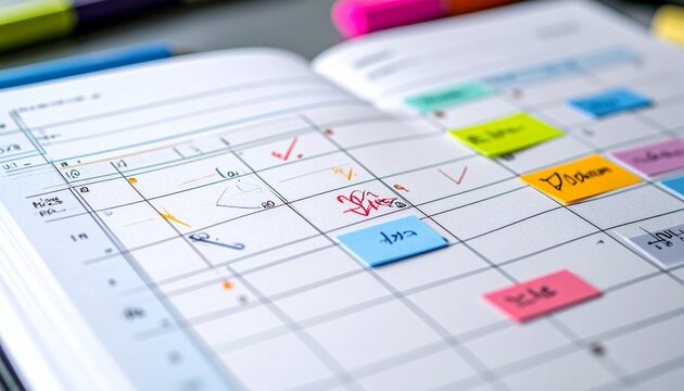 Open planner with colorful sticky notes and marked tasks.