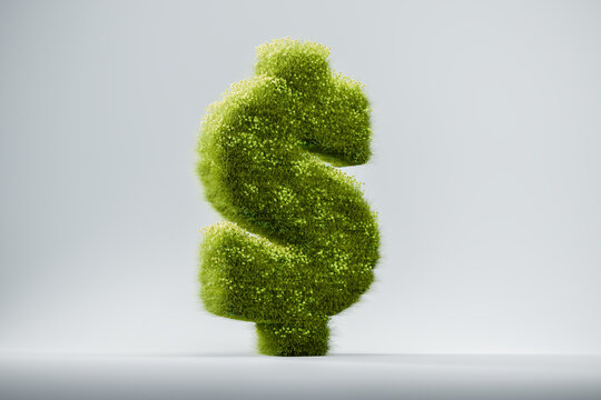 A 3D green grass and flower dollar symbol standing against a clean white background, representing green finance and sustainable economy or ESG in the USD region