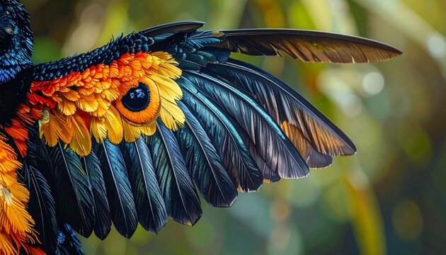 Sunbittern bird wings spread displaying eye-like patches in tropical forest close-up