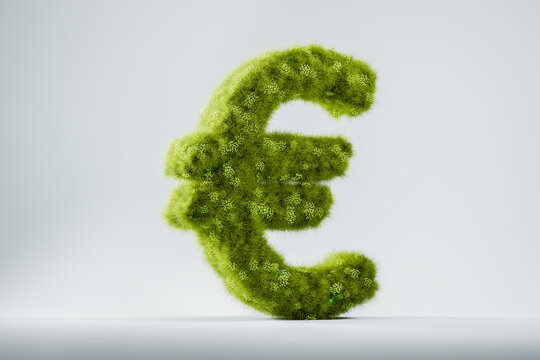 A 3D green grass and flower Euro symbol standing against a clean white background, representing green finance and sustainable economy or ESG in the Euro region