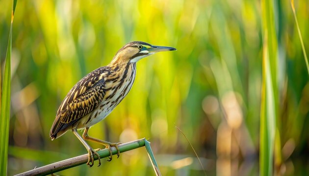 Little bittern bird perched on reed stem in natural wetland habitat with green foliage background