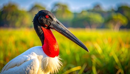 Jabiru stork with inflated red neck patch in Pantanal wetlands close-up wildlife portrait © Sengku