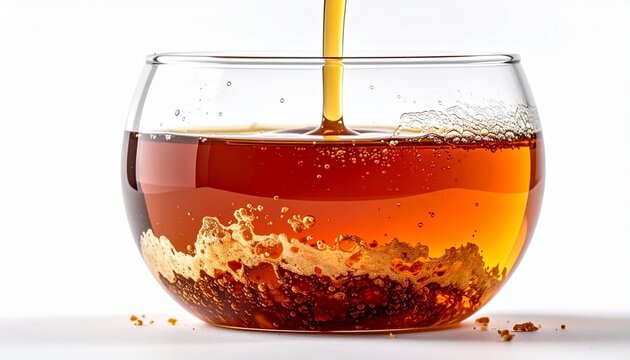 Apple cider vinegar with mother culture sediment pouring into clear glass in studio lighting