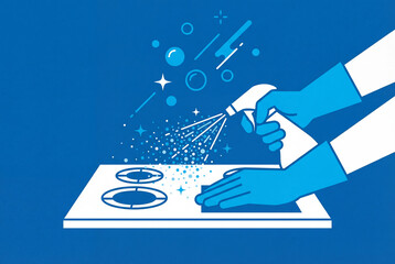 Fototapeta premium Hands in gloves cleaning cooktop with spray cleaner and mist