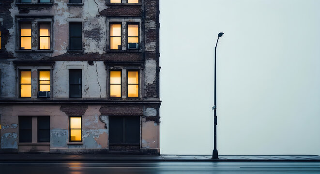 Old weathered brick apartment building with glowing windows at night