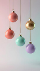 Rendu 3D minimaliste d'ornements de Noël de couleur pastel suspendus contre un fond dégradé doux
