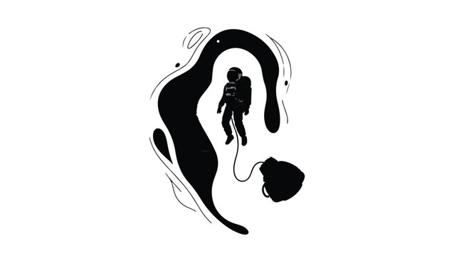 Astronaut floating in a stylized, ink-like cosmic void, connected by a line to an abstract mass, symbolizing exploration and the unknown.