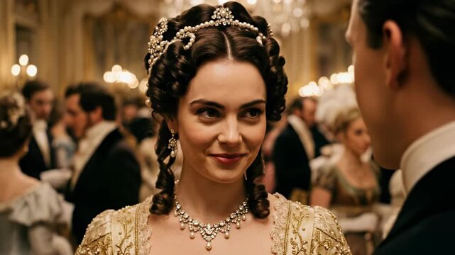 Elegant royal princess wearing a diamond tiara and golden gown sharing a romantic look with a noble gentleman at a grand nineteenth century ballroom dance gala event