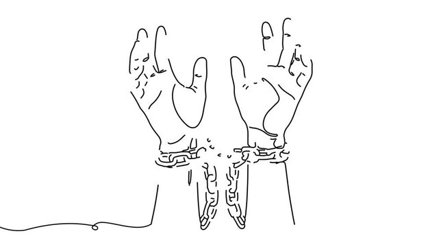 Animation of line drawing of hands breaking free from chains, symbolizing freedom from oppression.