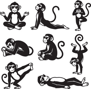 Funny monkey yoga silhouette bundle with sunglasses, meditation poses, playful animal fitness vector illustration set for wellness design collection icons
