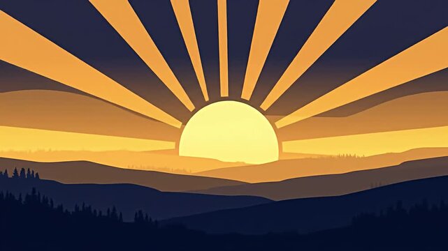Warm rising sun, minimalist landscape with rolling mountains and dark blue forest edges