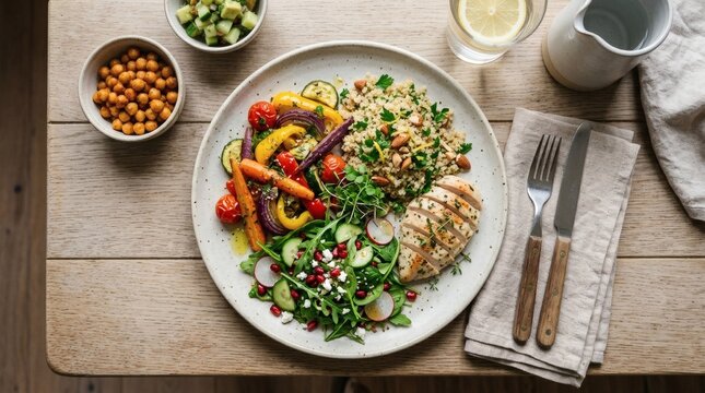 Healthy flexitarian bowl with grilled chicken, quinoa, roasted vegetables and fresh greens on wooden table perfect for Eat Flexitarian Day