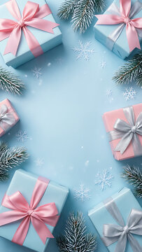 Composition de No&euml;l avec bo&icirc;tes-cadeaux et branches de pin sur fond bleu clair