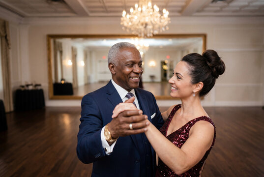Elegant female dance instructor teaching a senior man wearing a blue suit in a bright ballroom