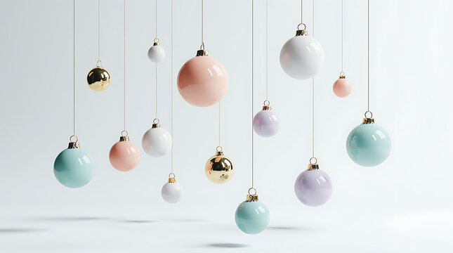 Ensemble de boules de No&euml;l color&eacute;es suspendues &agrave; des ficelles isol&eacute;es sur fond blanc