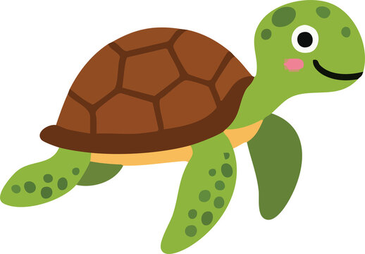 A cute cartoon turtle with a brown shell and green limbs smiles while swimming.
