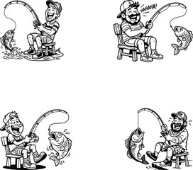 Obraz premium Funny Cartoon Fisherman Catching Fish Black and White Line Art Illustration Set