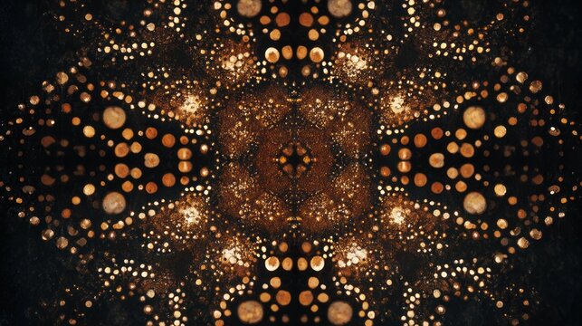 Abstract symmetrical pattern of golden circles on dark background