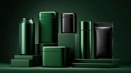 Fototapeta premium Set of green and black matte empty product containers on green stepped podiums against dark green background luxury brand packaging mockup for cosmetic product display