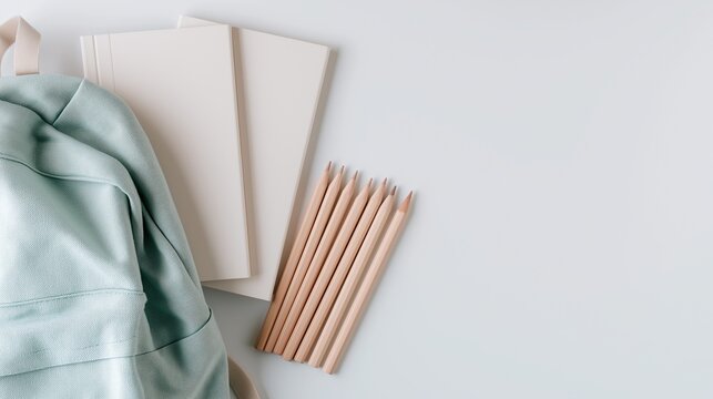 Mint green canvas backpack with blank off-white notebooks and natural wooden sharp pencils on plain light gray background minimalist back to school stationery concept with empty space