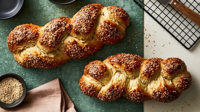 Two freshly baked braided challah bread loaves sprinkled with sesame seeds arranged on textured countertop traditional homemade baked food for holiday