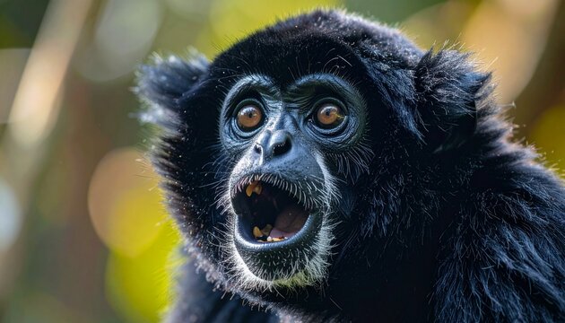 Siamang Gibbon Inflating Throat Sac During Loud Call in Tropical Forest Close-Up Portrait