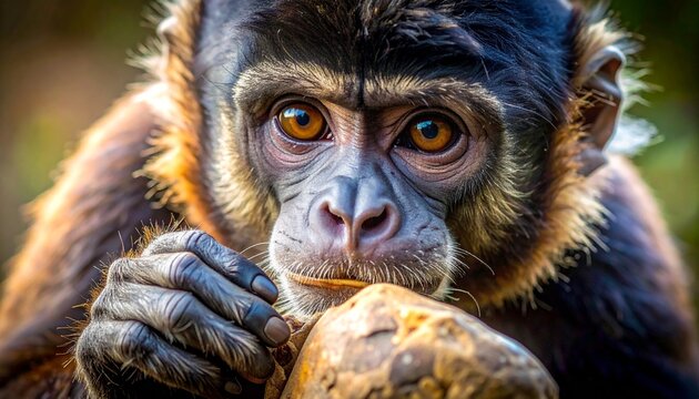 Tufted capuchin monkey eating nut with stone tool in natural habitat close-up portrait