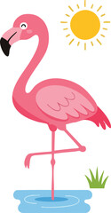 Fototapeta premium A pink flamingo stands on one leg in shallow water under a sunny sky with green grass and warm rays.