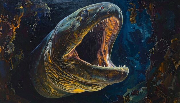 Gulper eel with enormous open mouth in deep abyssal ocean macro portrait