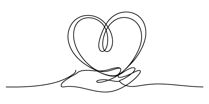 Hand holding a heart shape with one continuous line drawing