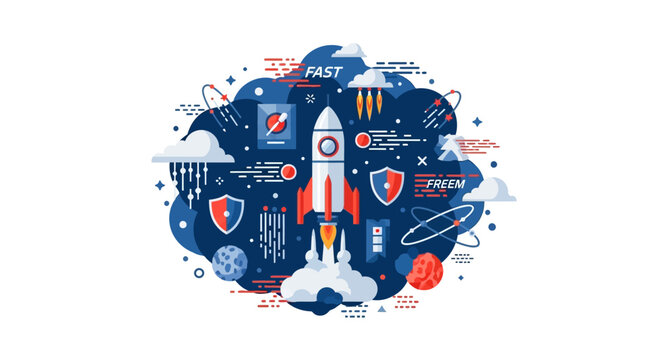 Startup Rocket Launch Vector Illustration with Speed and Security Icons for Technology and Business Growth Concepts