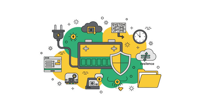 Business Resilience and IT System Uptime Illustration with Energy Backup, Cybersecurity Shield, and Data Management Icons for Technology Infrastructure