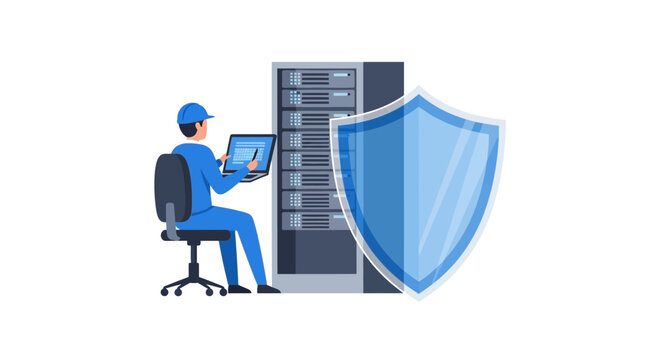 Professional IT Technician Managing Secure Server Infrastructure with Data Protection Shield Vector Illustration