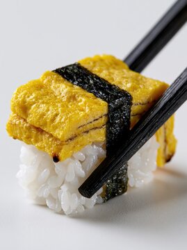 Tamago Egg Sushi Nigiri Wrapped in Nori on Vinegared Rice Held by Black Chopsticks Macro Japanese Cuisine Photography White