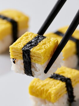 Japanese Tamago Egg Nigiri Sushi with Nori Strap Held by Black Chopsticks Macro Authentic Sushi Bar Photography on White