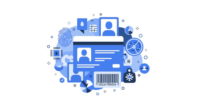 Digital Identity Verification and Cybersecurity Concept Illustration with ID Card, Biometrics, and Data Security Icons on White Background