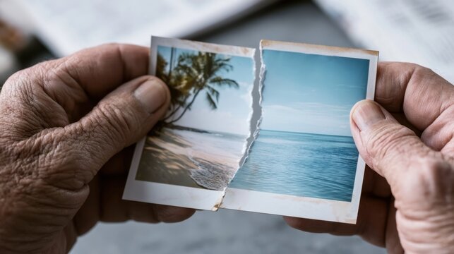 Close up of elderly hands holding a torn photo of a tropical beach with palm tree and ocean, symbolizing lost memories and nostalgia in serene natural environment