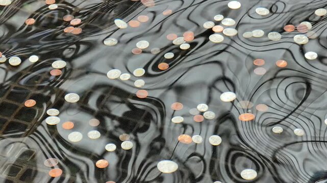 Dreamlike mesmerizing dance of light and motion in real time: wavering reflections on the constantly agitated surface of a conservatory pool with a scattering of bright American coins on the bottom
