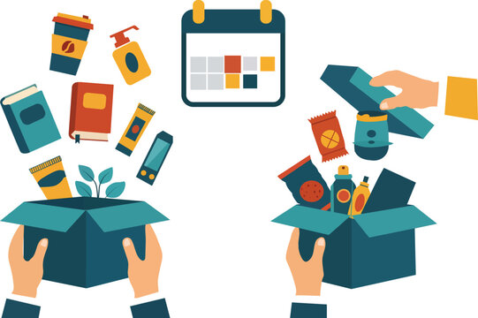 Hands holding delivery boxes full of products and a calendar overhead and food in outline books