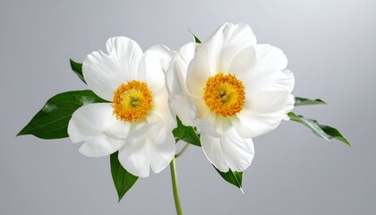 Obraz premium Two pristine white blossoms with bright yellow centers, leaves on soft gray