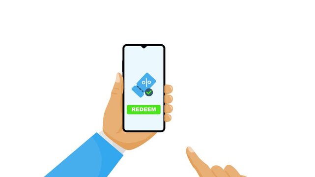 Digital voucher redemption on smartphone application, customer tapping to claim discount or reward, mobile marketing and online shopping concept illustration