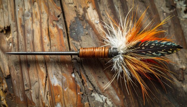 Hand-tied salmon fly with silk floss, feather hackle and wing on vintage wooden surface